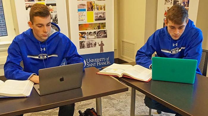 Twins using their laptops